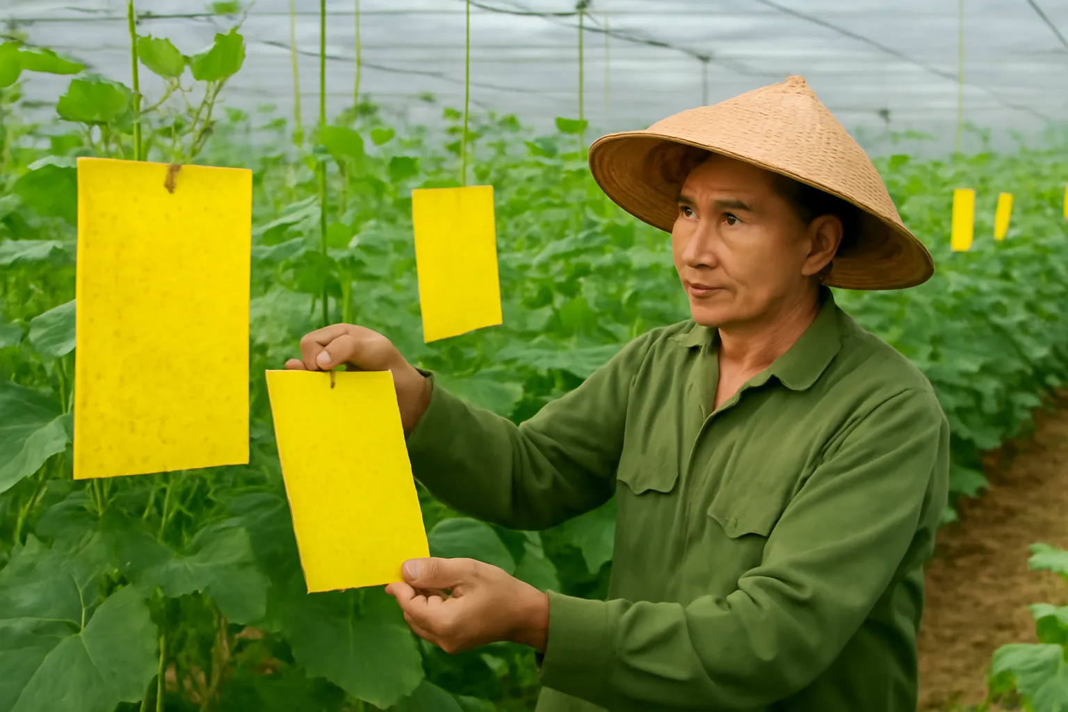 Những tấm bẫy dính màu vàng treo giữa luống dưa leo trong nhà lưới