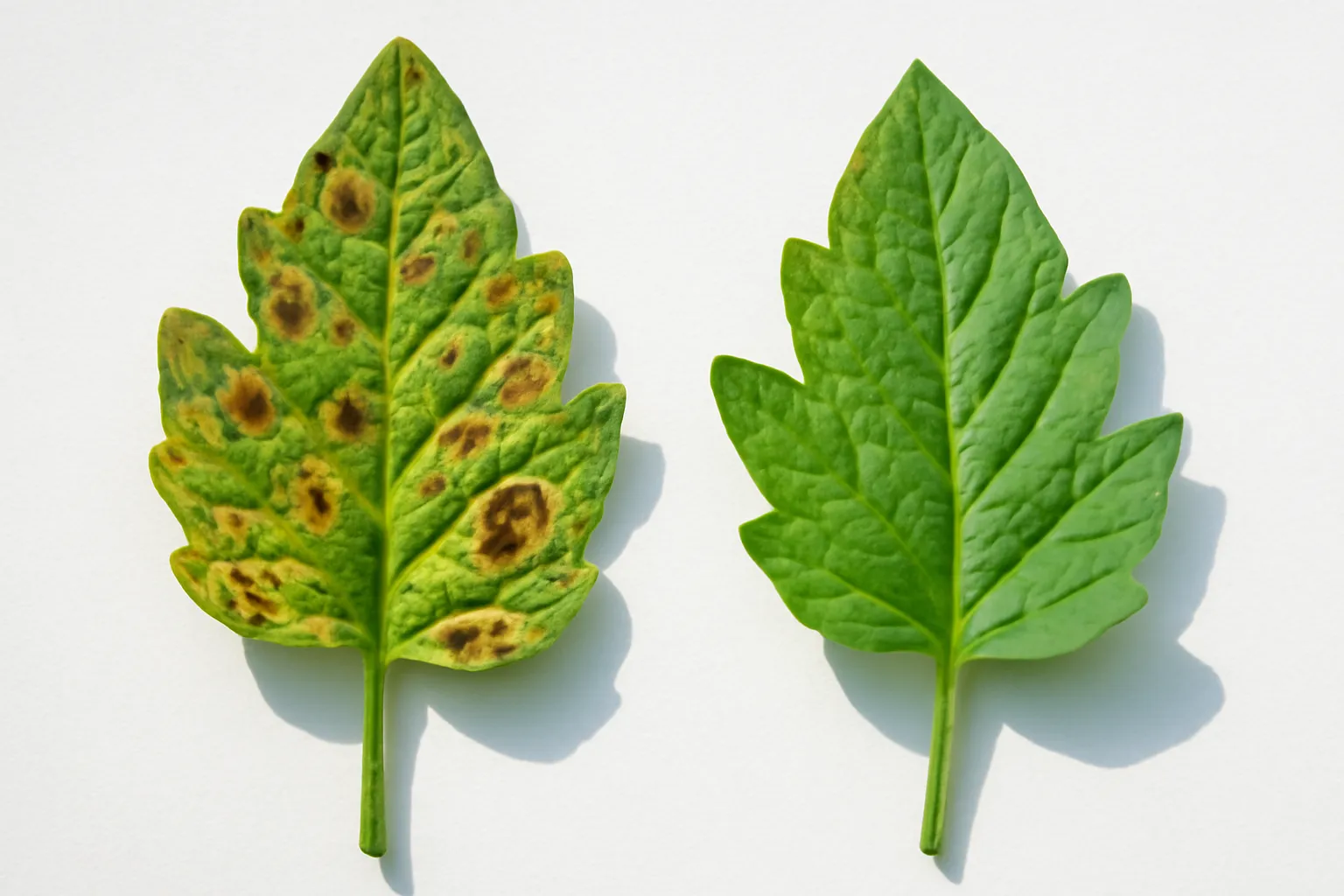 Lá cà chua có vết bệnh nâu đặt cạnh lá lành trên bàn xem mẫu