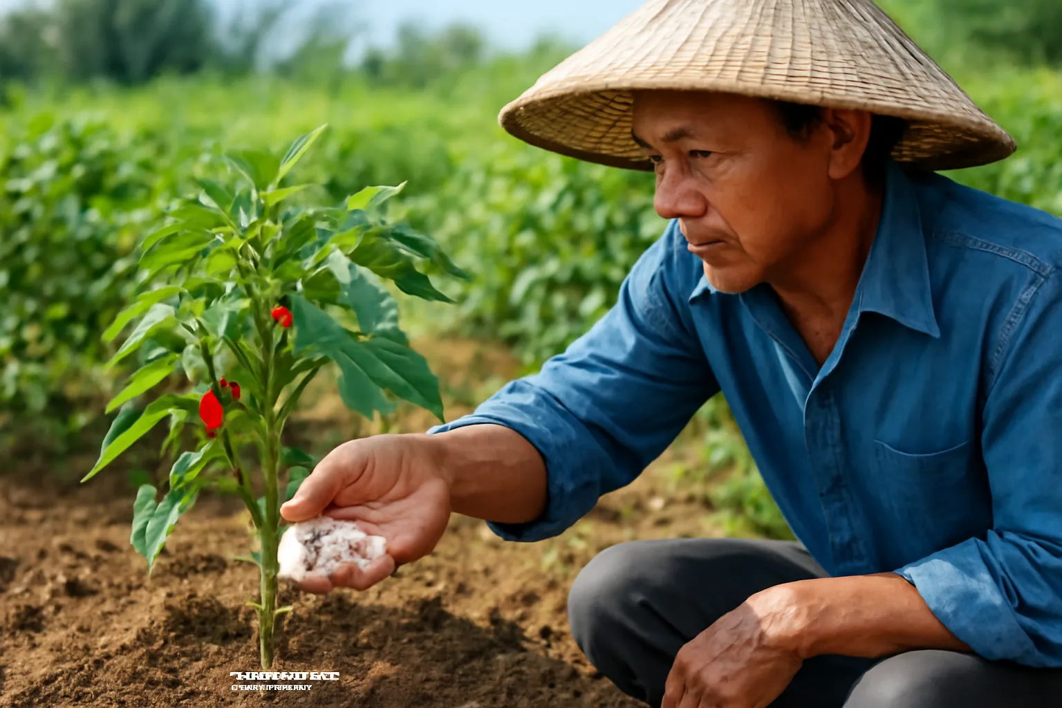 Người nông dân cầm một nắm phân hạt nhỏ rải nhẹ quanh gốc cây ớt
