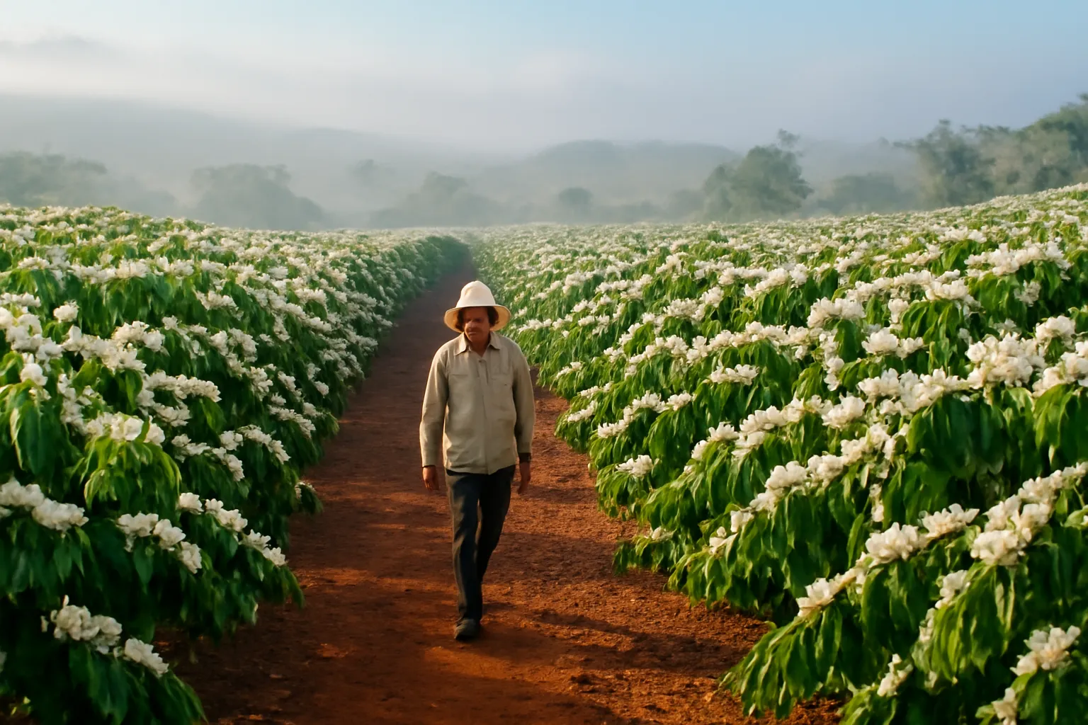 Vườn cà phê nở hoa trắng xoá trên đất đỏ Tây Nguyên buổi sáng
