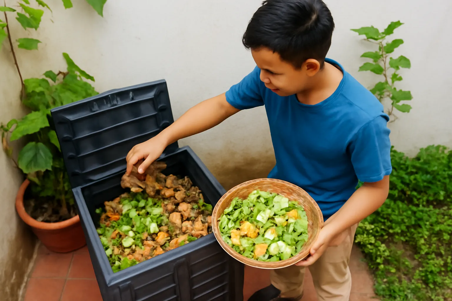 Thùng ủ phân bằng nhựa có rác rau và lá khô xếp lớp ở sân sau nhà