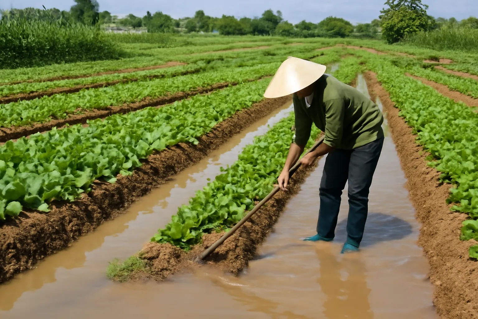 Luống rau lên cao có rãnh thoát nước đầy nước mưa ở hai bên