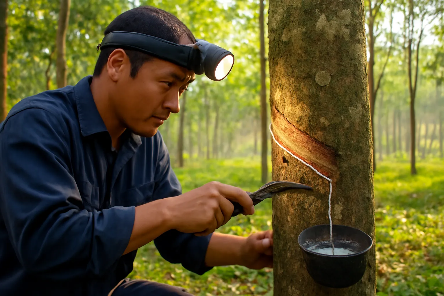 Người cạo mủ đeo đèn đầu cạo vết xoắn trên thân cây cao su lúc rạng sáng