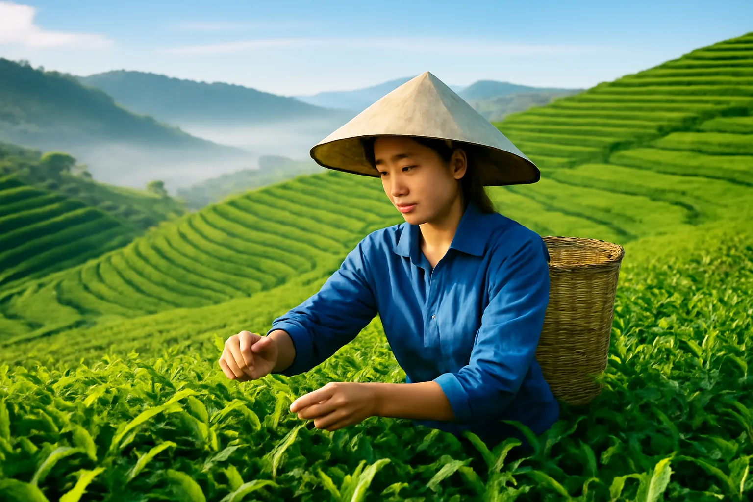 Người hái chè đội nón lá ngắt búp trên đồi chè xanh mướt buổi sáng