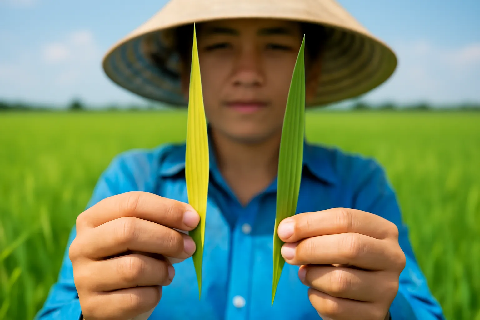 Ba chiếc lá cây có màu vàng, tím và cháy mép đặt cạnh nhau trên bàn gỗ
