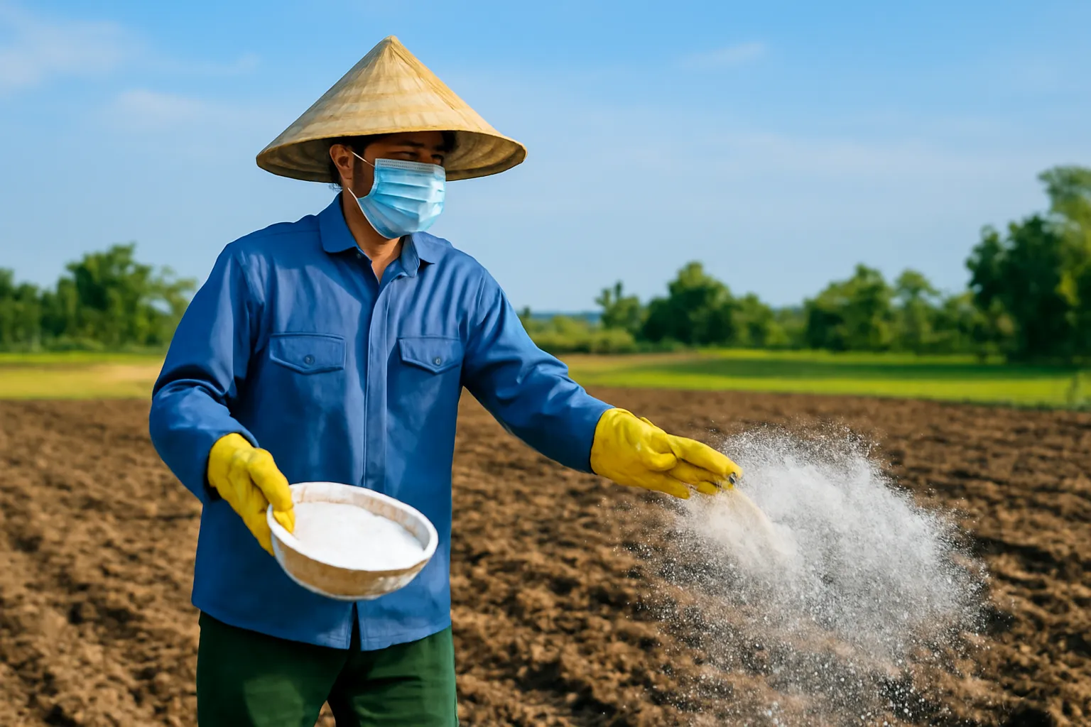 Người nông dân rải vôi bột trắng lên ruộng đất vừa cày buổi sáng