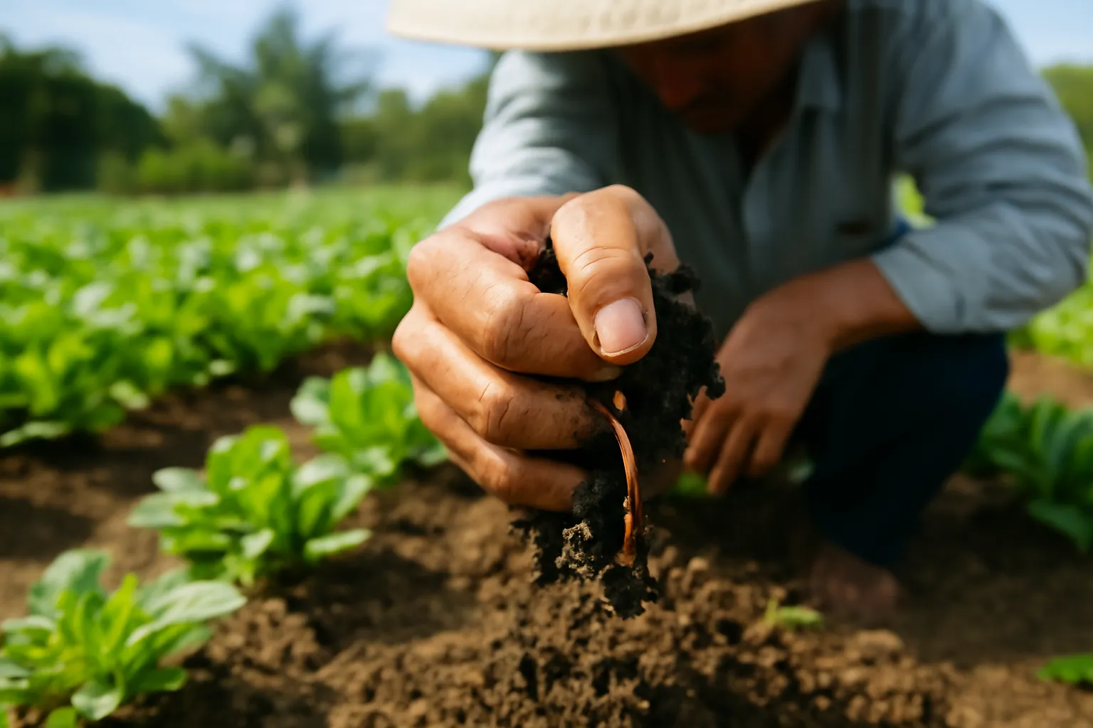 Bàn tay người làm vườn bóp nắm đất nâu sẫm có giun bên luống rau