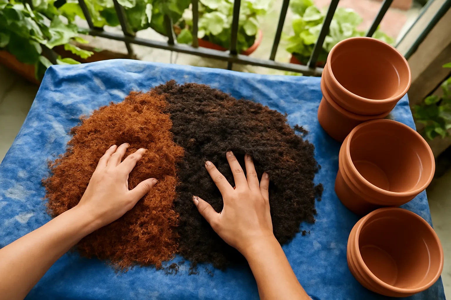 Người trồng trộn xơ dừa, trấu hun và phân trùn trên tấm bạt trước khi cho vào chậu