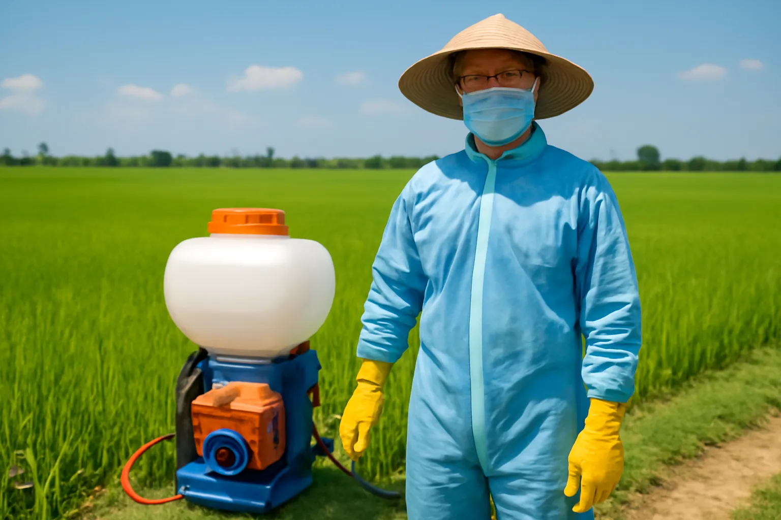 Người nông dân mặc đồ bảo hộ, đeo khẩu trang và găng tay đứng cạnh bình phun