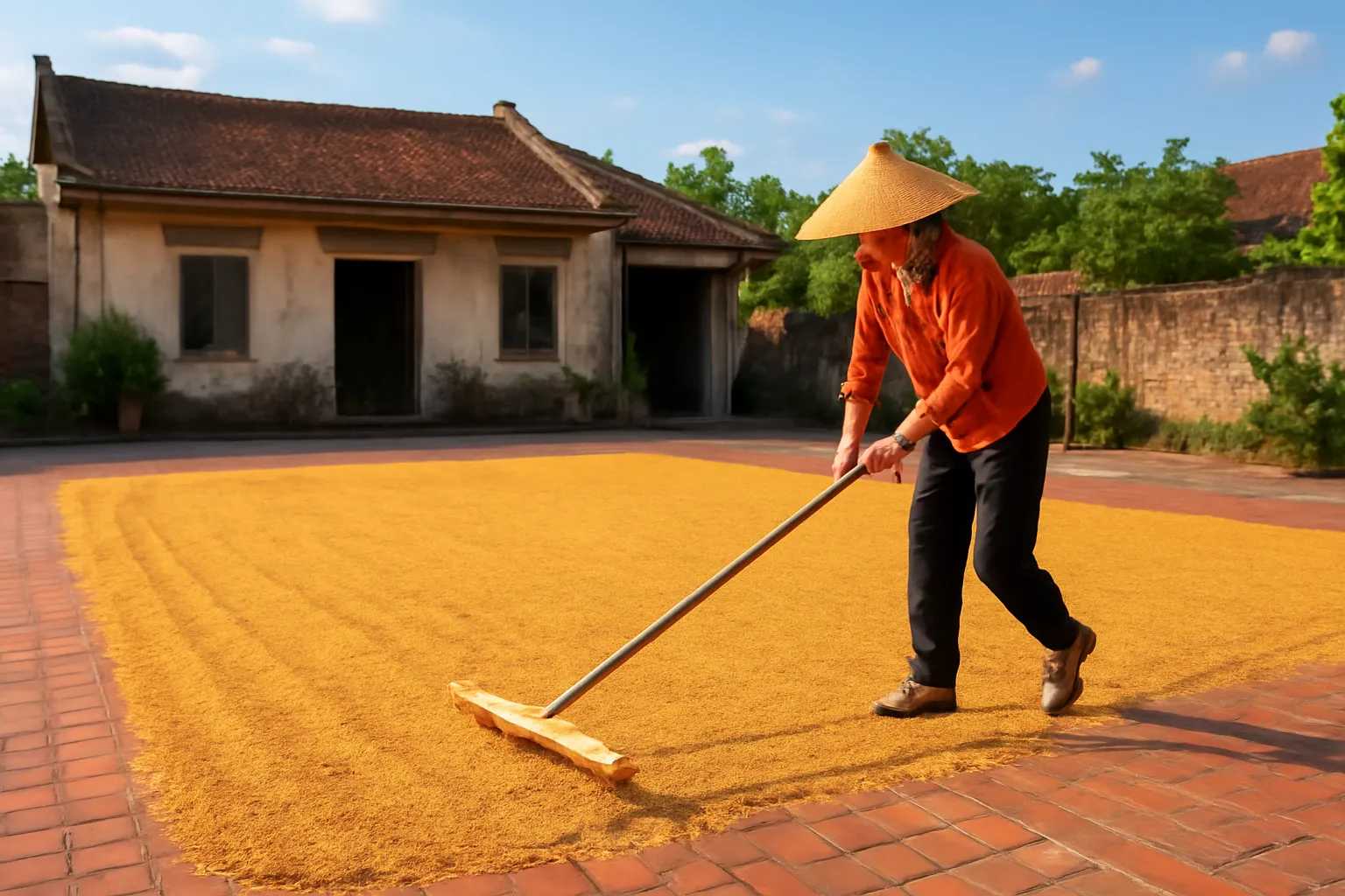 Thóc vàng được cào đều trên sân phơi gạch dưới nắng sớm