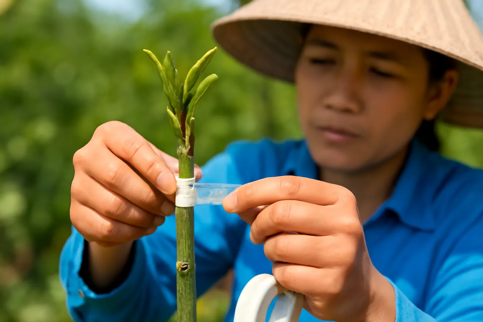 Bàn tay người làm vườn quấn dây nilon quanh mắt ghép trên gốc cây con