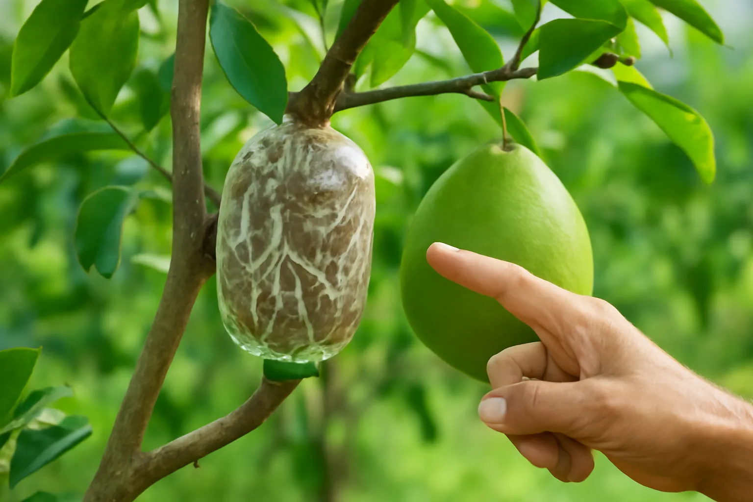 Bầu chiết bọc nilon trong có rễ trắng trên cành bưởi trong vườn