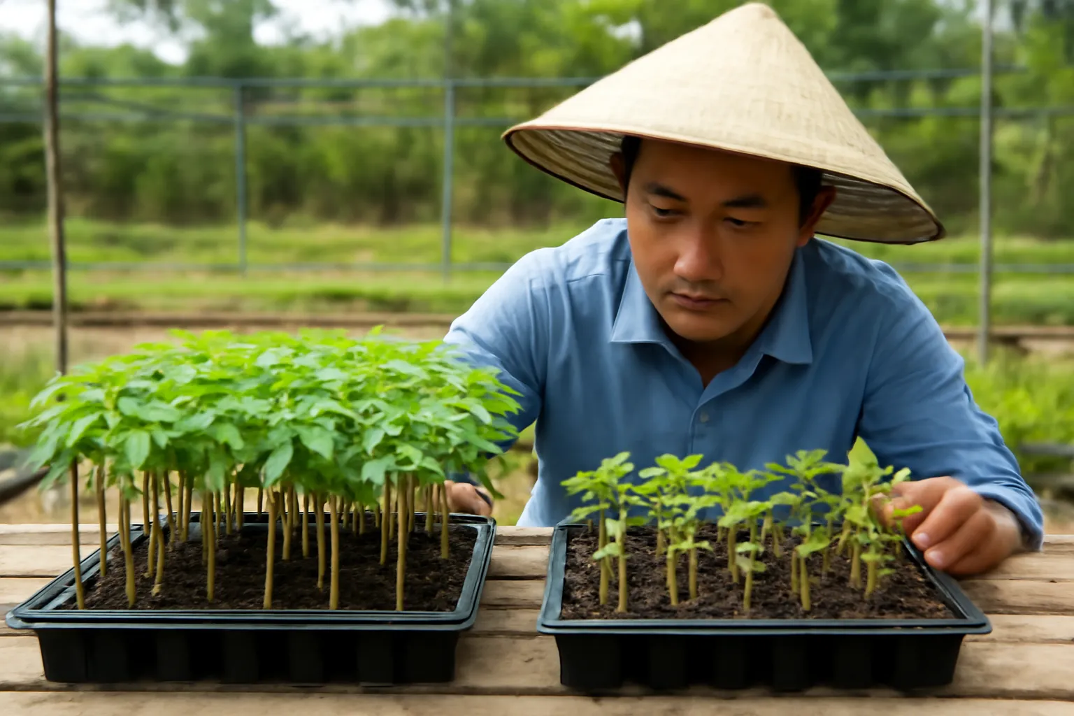 Hai khay cây con cà chua đặt cạnh nhau, một khay đều, một khay cao thấp lẫn lộn