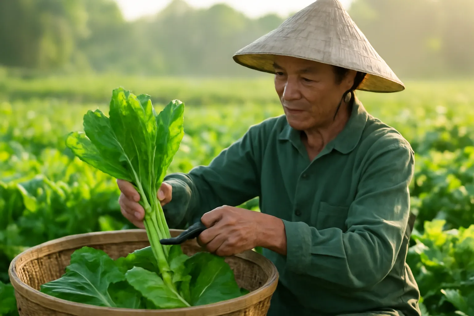 Người làm vườn cắt rau cải buổi sáng sớm bỏ vào rổ tre khi sương vừa tan