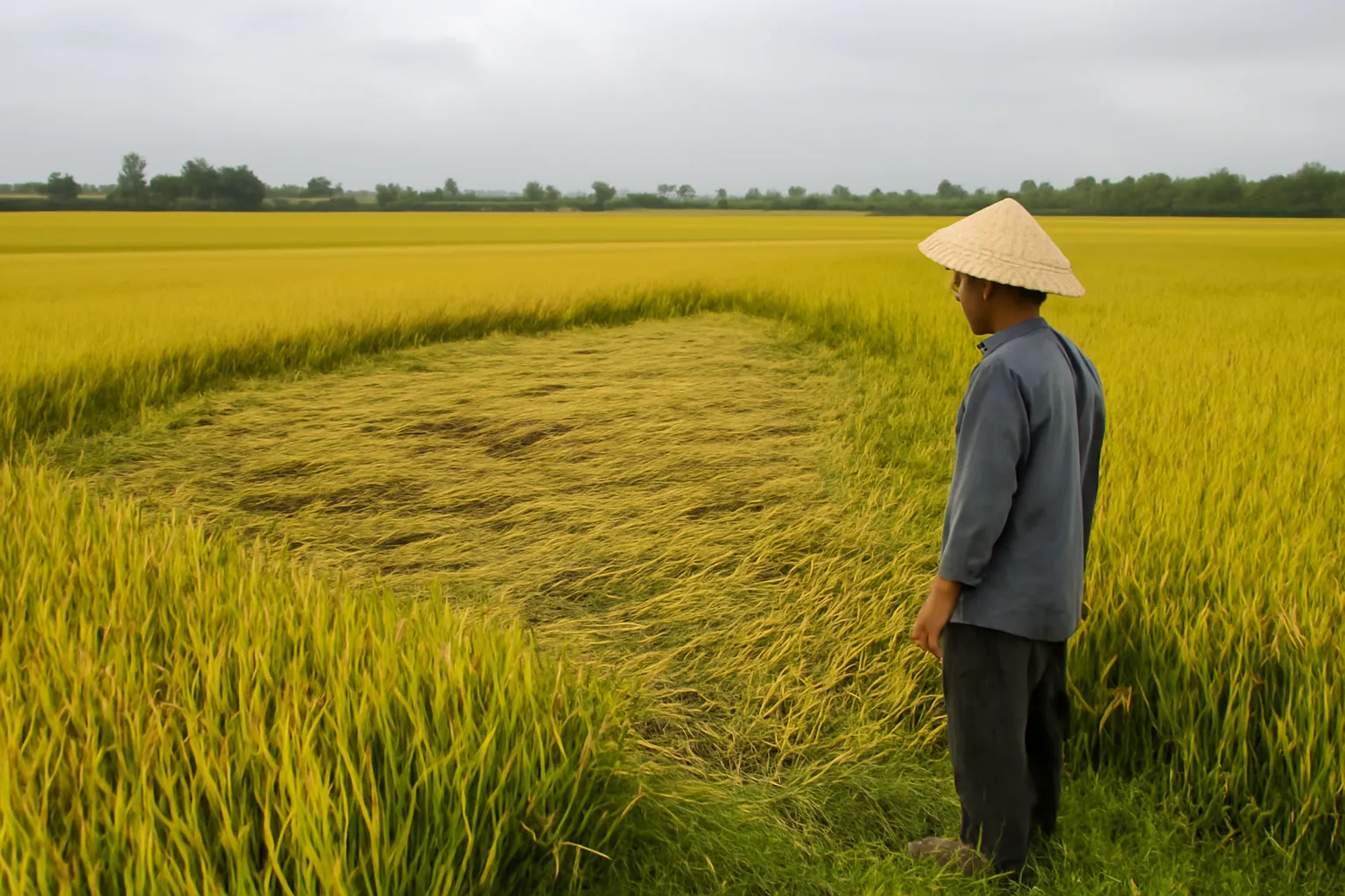 Ruộng lúa chín vàng bị đổ rạp một mảng sau cơn mưa gió