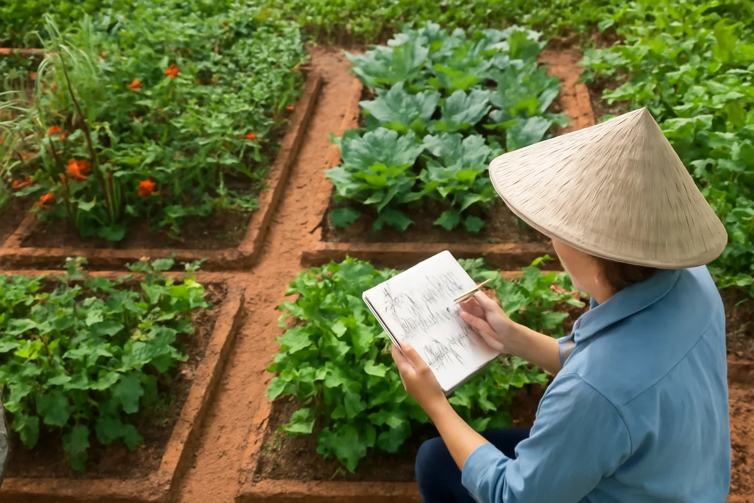 Vườn rau chia nhiều luống trồng các loại rau khác họ cạnh nhau