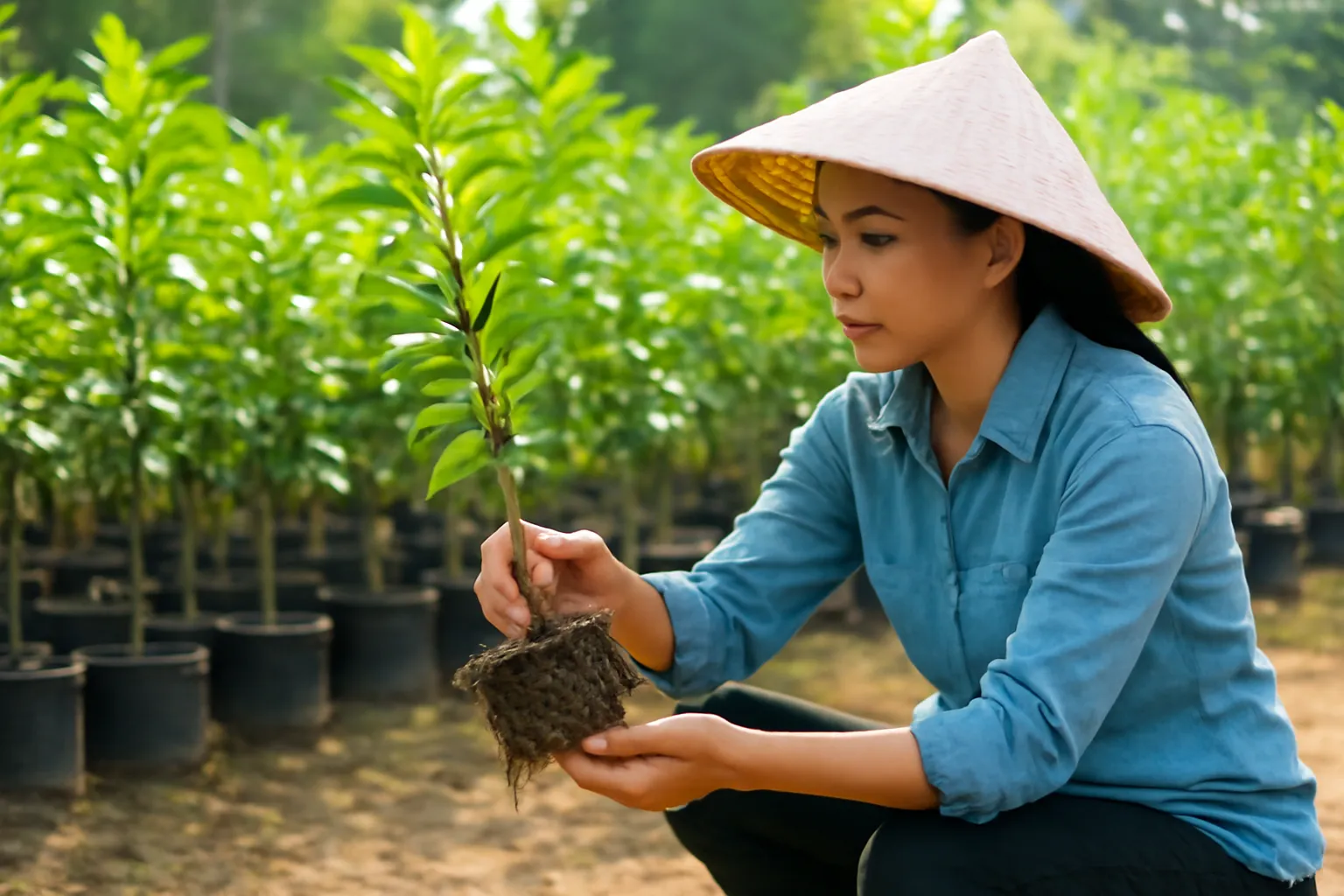 Người mua cúi xem bầu rễ của cây con xếp hàng trong vườn ươm