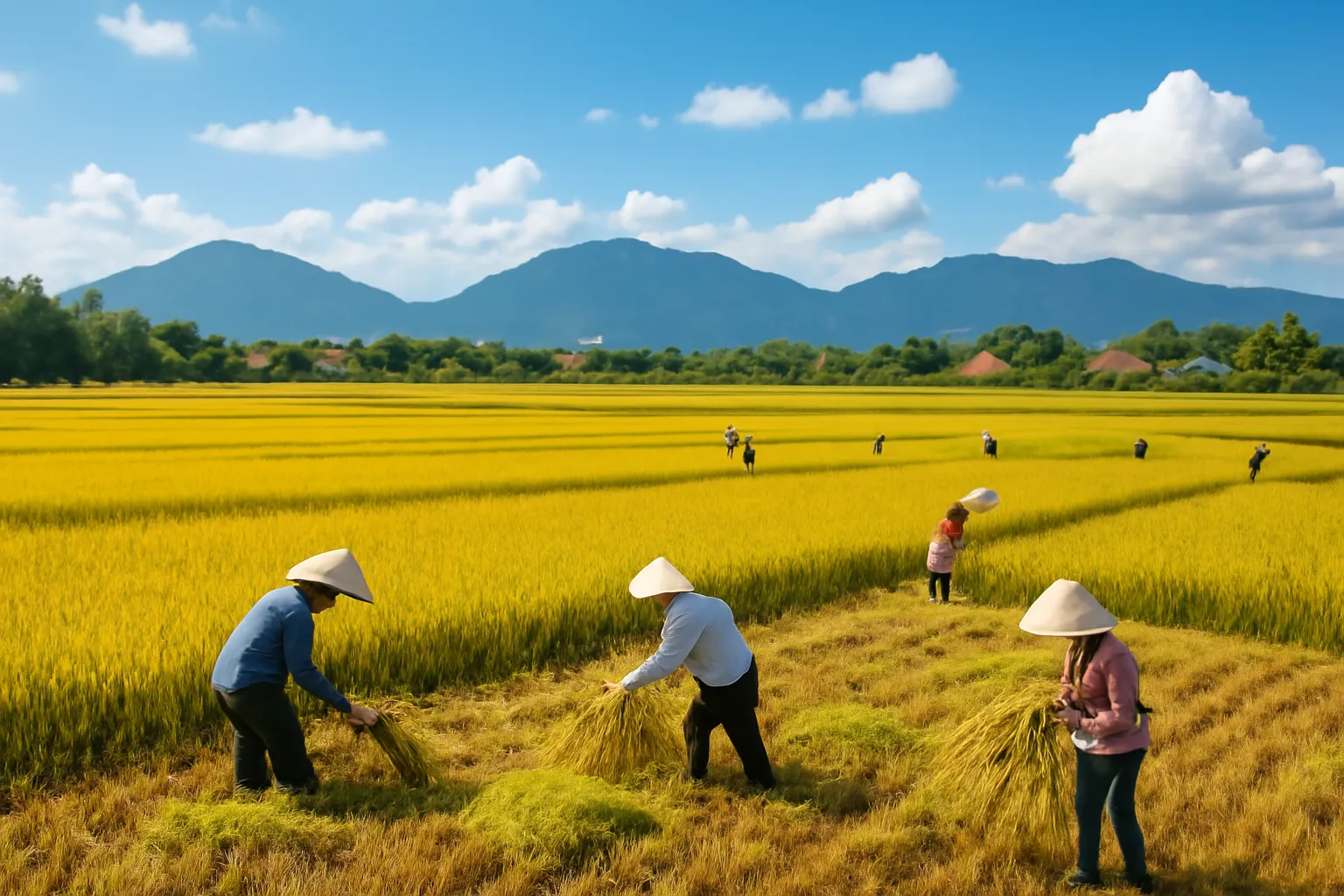 Ruộng lúa vụ hè thu chín vàng dưới nắng gắt vùng duyên hải miền Trung
