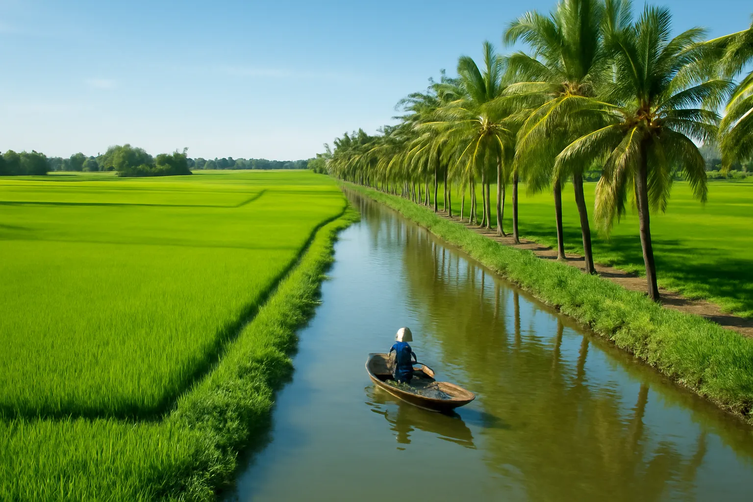 Cánh đồng lúa đông xuân xanh mướt ở miền Tây với kênh rạch và hàng dừa
