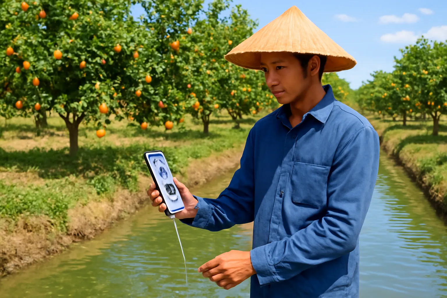 Người nông dân đo độ mặn mẫu nước kênh bằng máy cầm tay bên bờ vườn