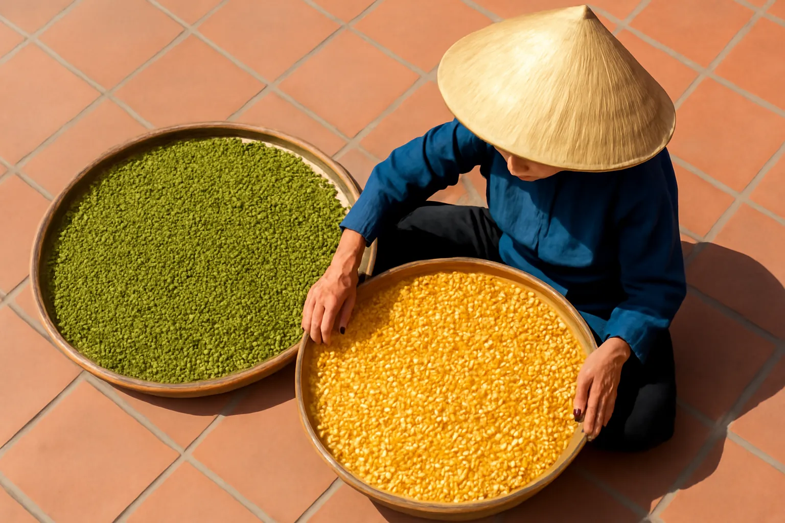 Nong tre phơi hạt đậu xanh và bắp vàng dưới nắng sân nhà quê