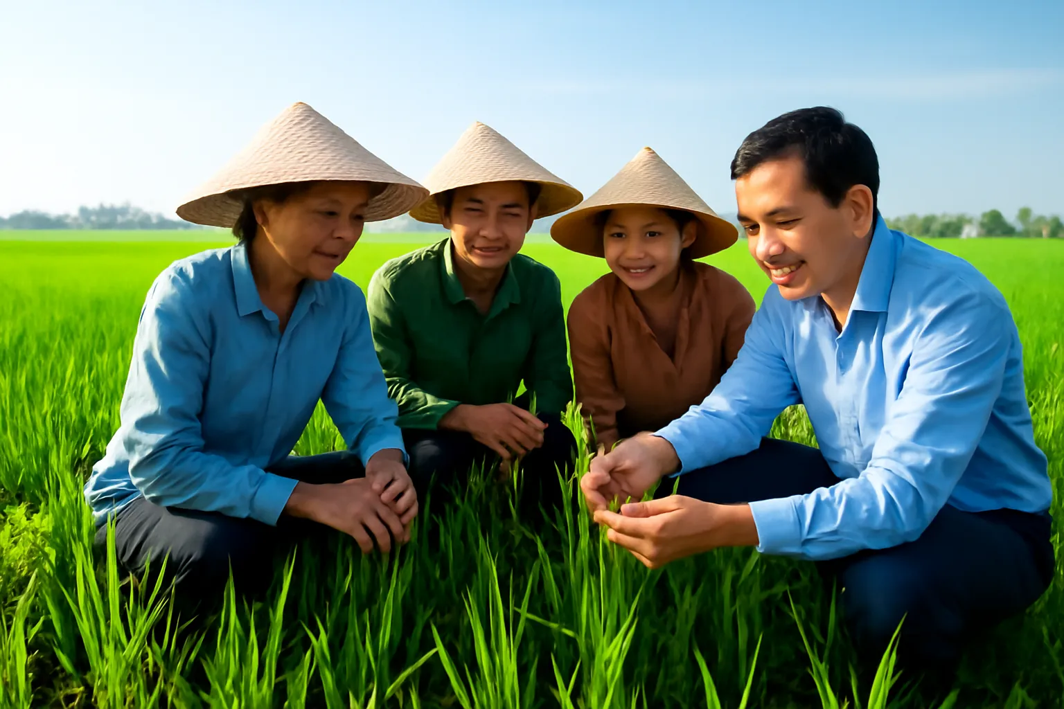 Nhóm nông dân cúi quan sát lá lúa trên ruộng cùng cán bộ khuyến nông