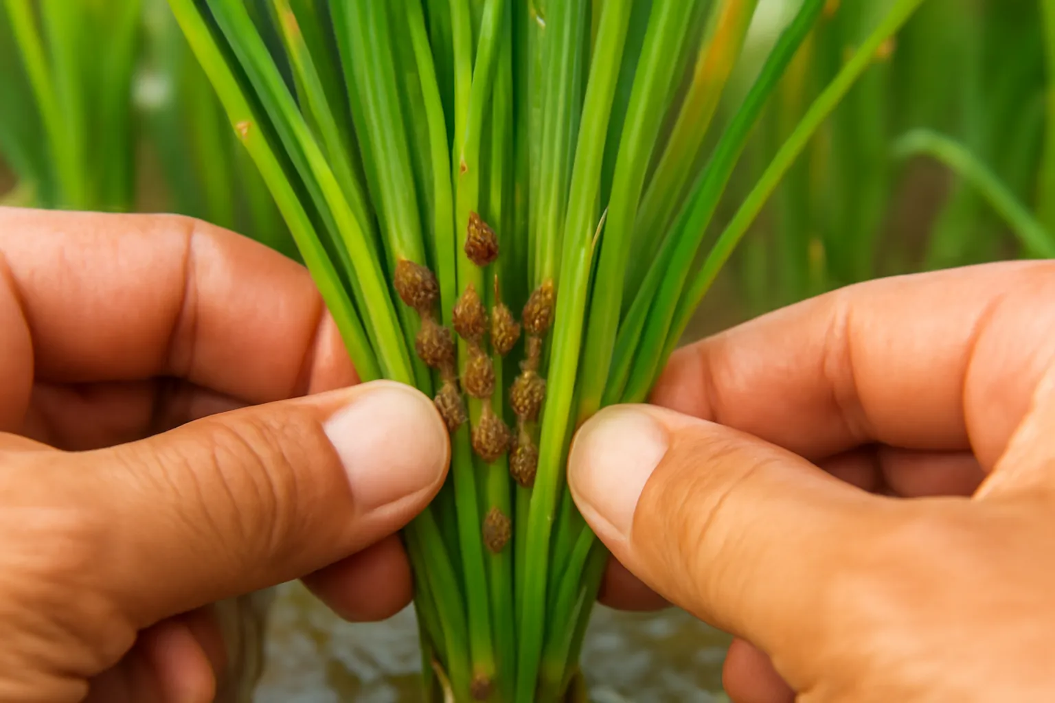 Bàn tay vạch gốc lúa thấy những con rầy nâu nhỏ bám ở bẹ