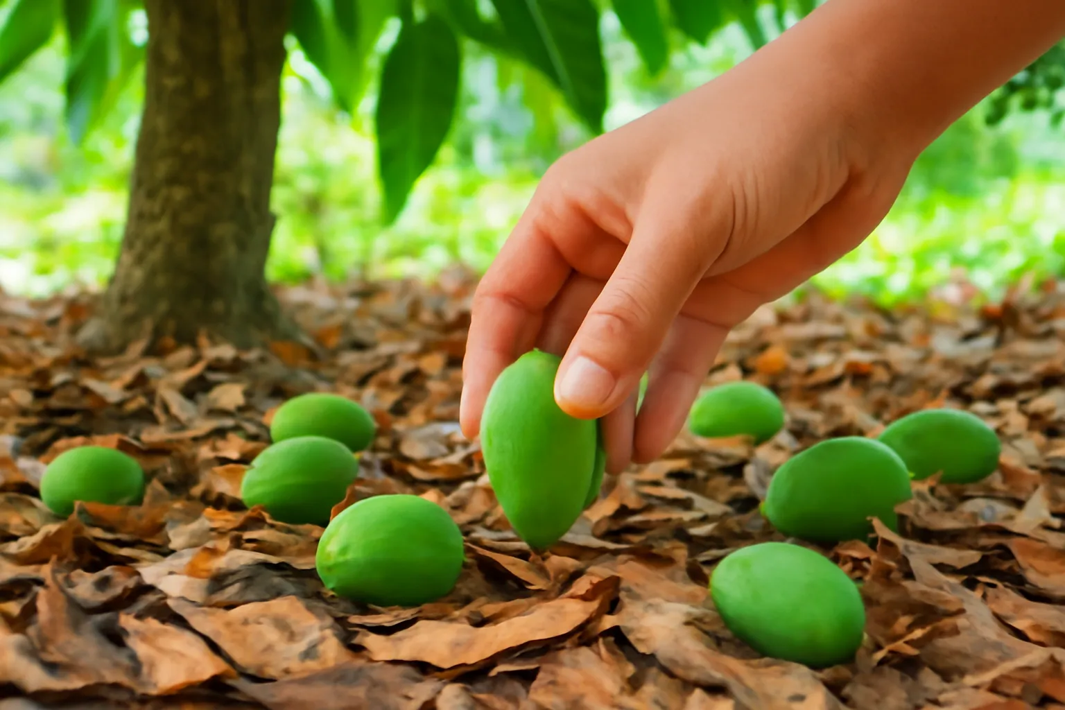 Những trái xoài non nhỏ rụng dưới gốc cây trên lớp lá khô