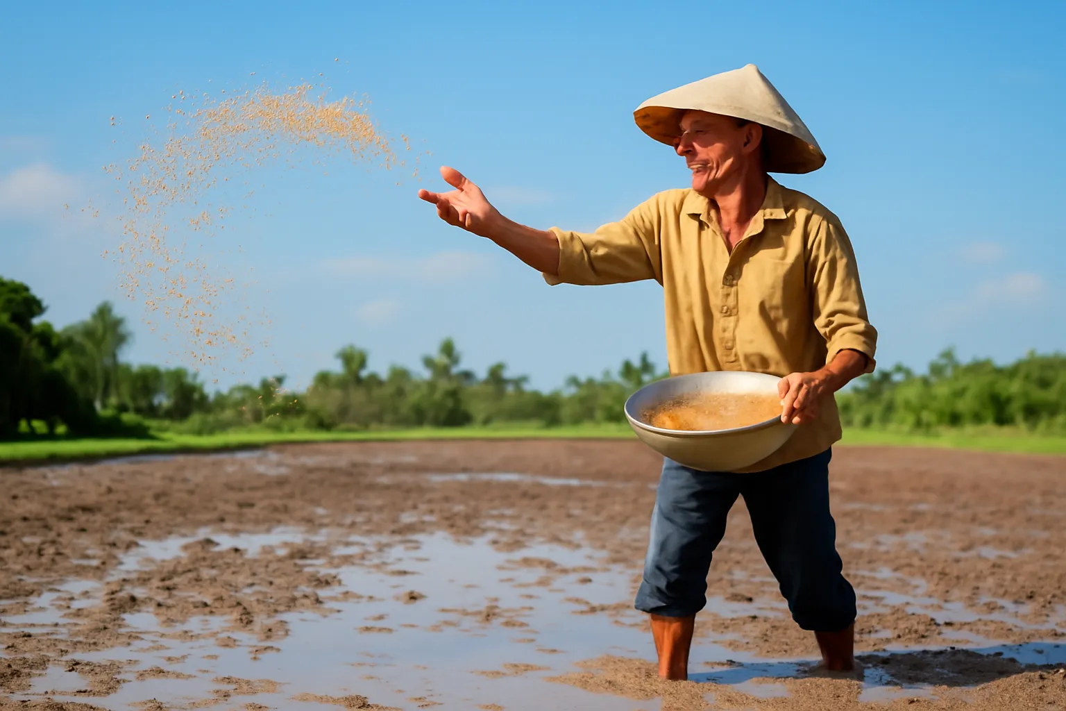 Người nông dân rải hạt lúa giống trên ruộng bùn vừa làm đất buổi sáng