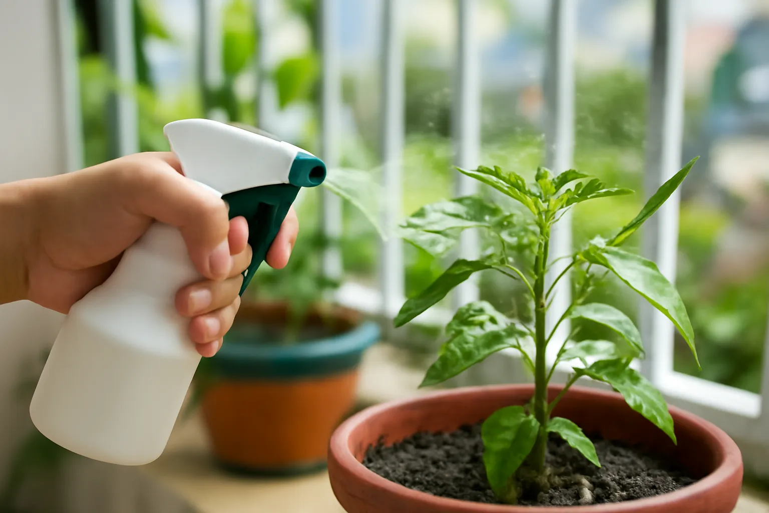 Bàn tay dùng bình xịt nước rửa đám rệp trên đọt cây ớt trong chậu