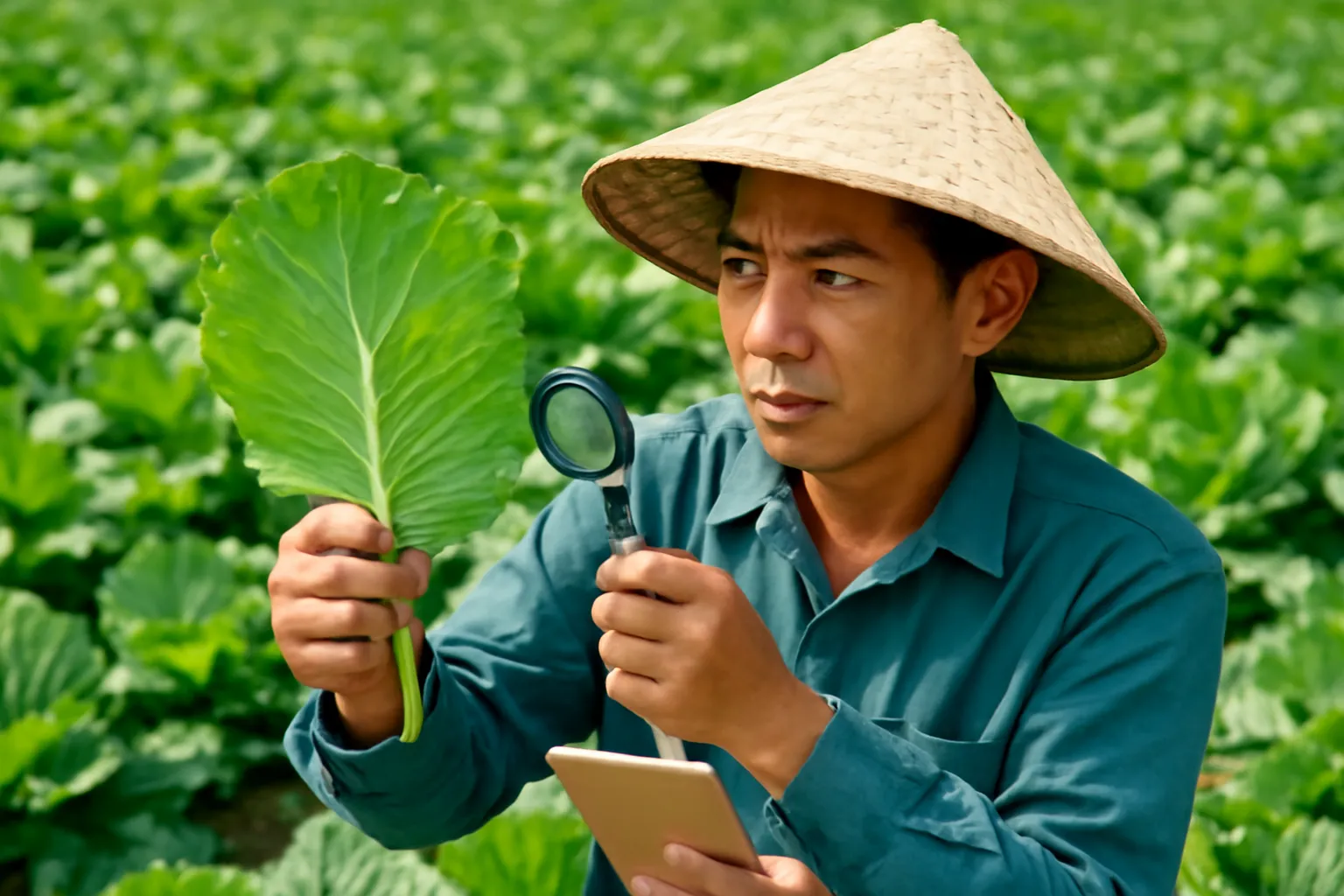 Người nông dân vạch lá cải xem mặt dưới, tay cầm sổ ghi chép