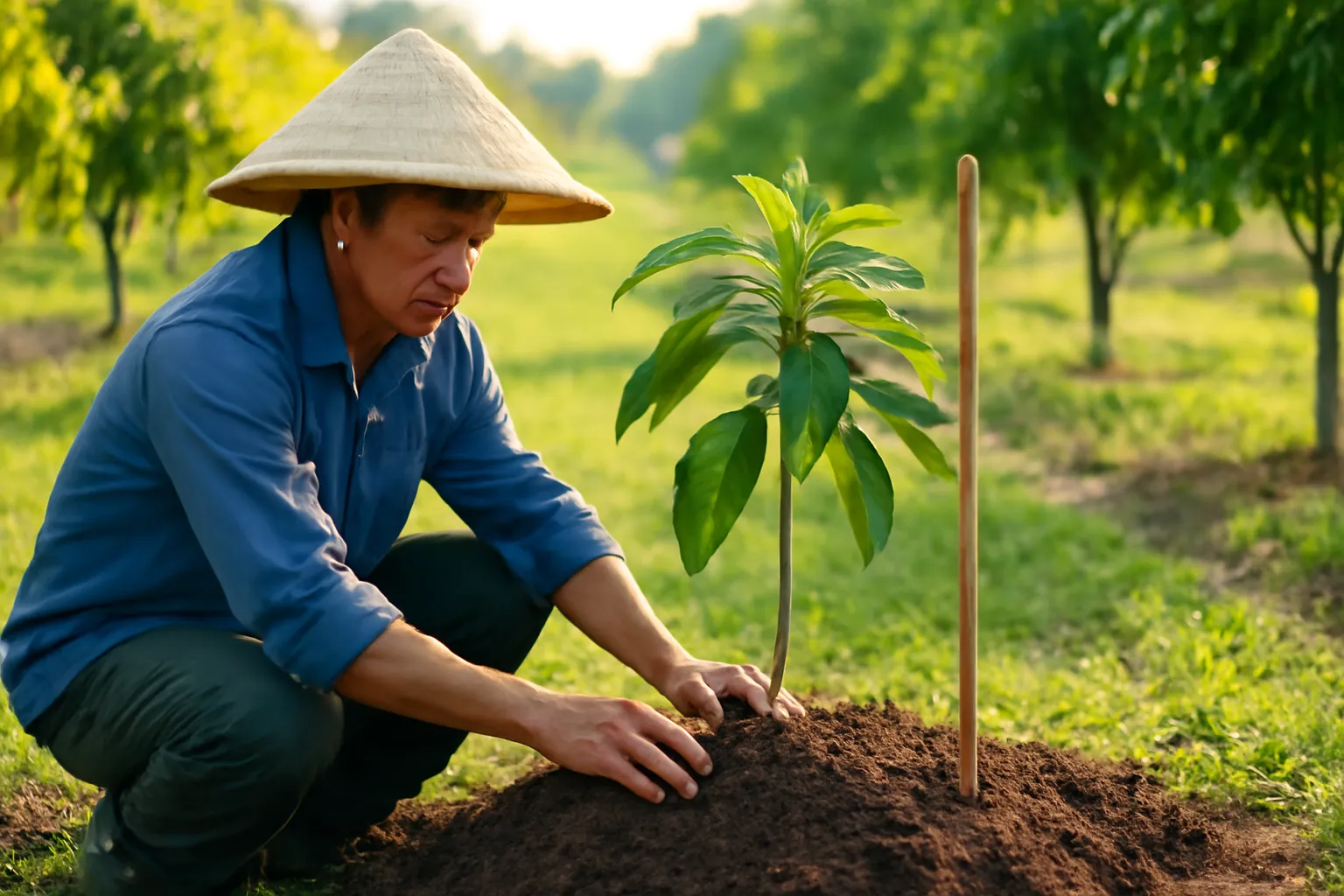 Người làm vườn đặt cây xoài con vào mô đất mới đắp có cọc tre bên cạnh