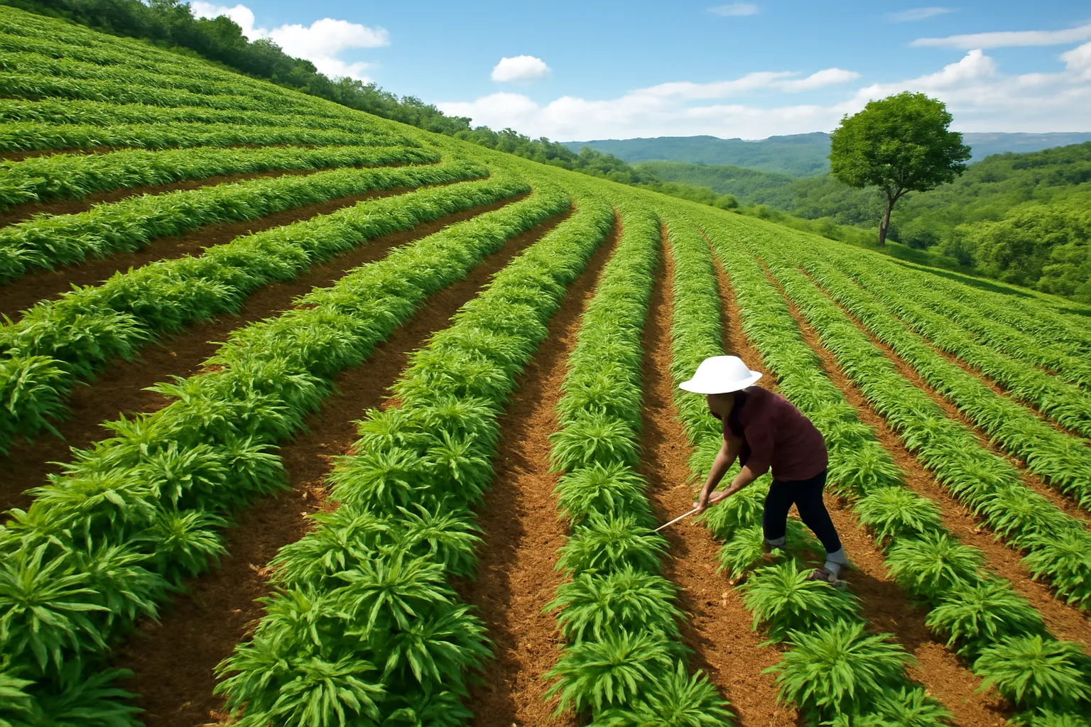 Nương sắn trên sườn đồi có các băng cỏ xanh chạy theo đường đồng mức