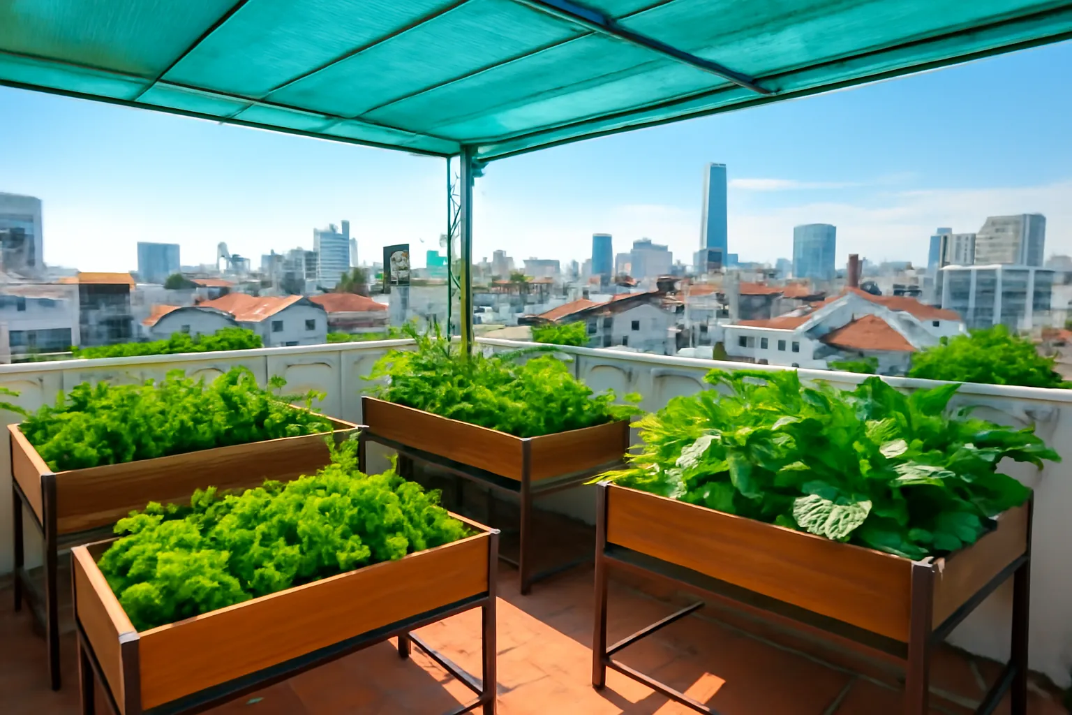 Vườn rau trên sân thượng nhà phố với thùng xốp và lưới che nắng