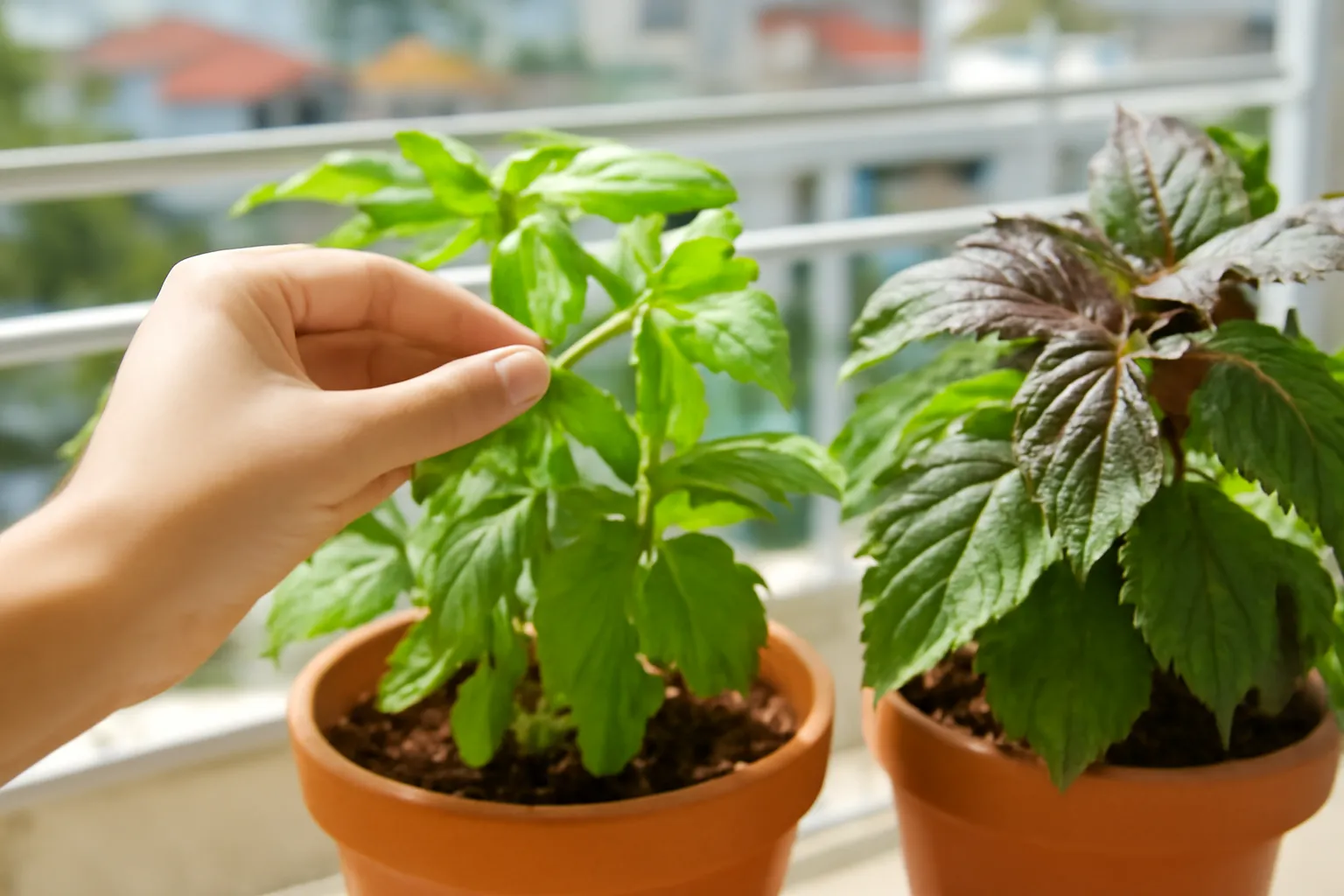 Chậu húng quế và tía tô xanh tốt bên cửa sổ, bàn tay đang cắt ngọn