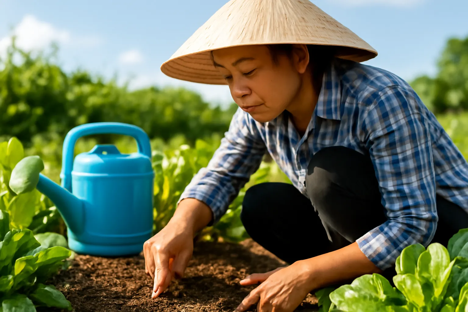 Ngón tay cắm vào đất luống rau để thử độ ẩm trước khi tưới
