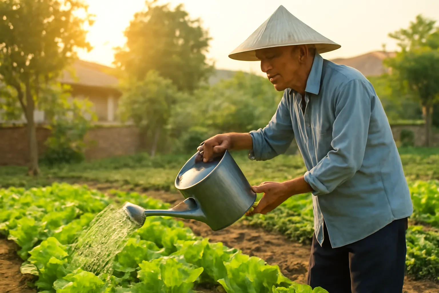 Người làm vườn tưới gốc luống rau bằng bình tưới lúc bình minh