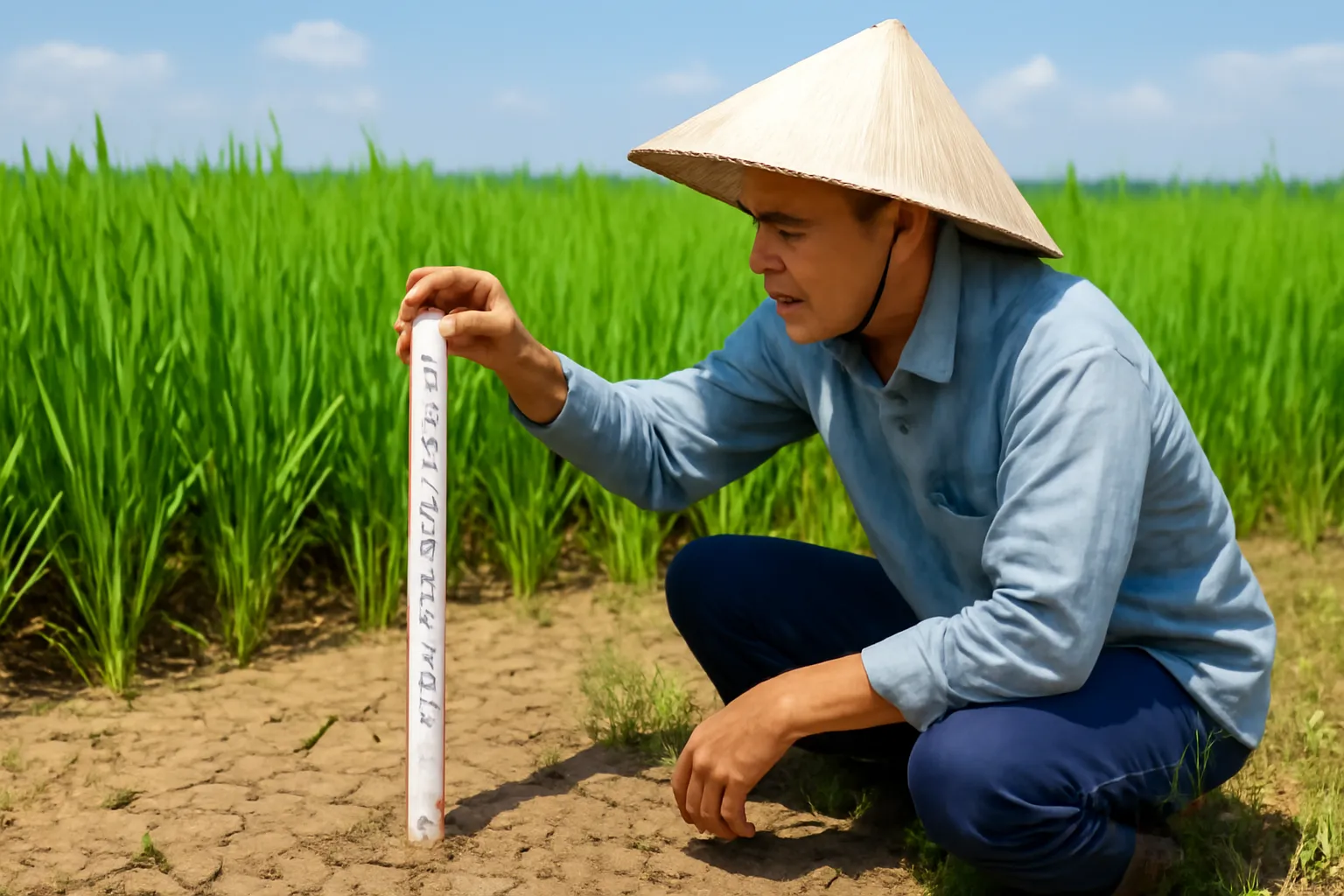 Ống nhựa đục lỗ cắm trong ruộng lúa để theo dõi mực nước