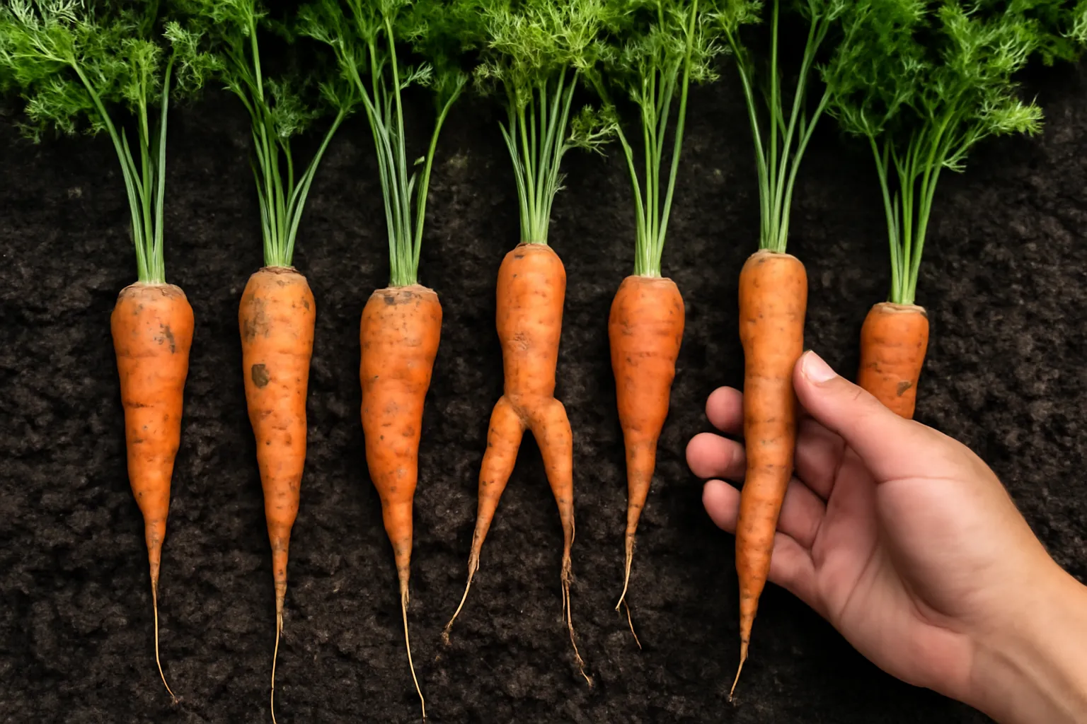 Mấy củ cà rốt vừa nhổ, có củ thẳng đẹp và củ chẻ đôi đặt trên đất