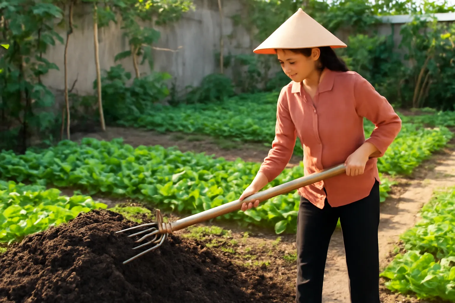 Đống phân chuồng ủ hoai màu nâu đen tơi xốp bên góc vườn rau